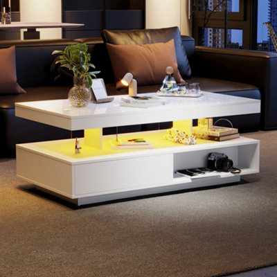 BTM LED Coffee Table with 2 Drawers 16 Color Lights, High Gloss Center ...