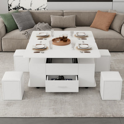 BTM Lift Top Coffee Table with Wheels, Convertible Table with 4 Stools ...