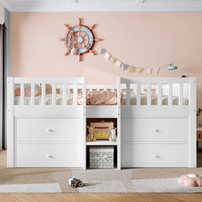 BTM Low Loft Bed 3ft Single with Storage Drawers, Solid Wood Bed Frame ...