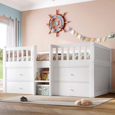 BTM Low Loft Bed 3ft Single with Storage Drawers, Solid Wood Bed Frame ...