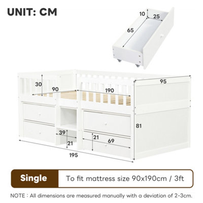 BTM Low Loft Bed 3ft Single with Storage Drawers, Solid Wood Bed Frame ...