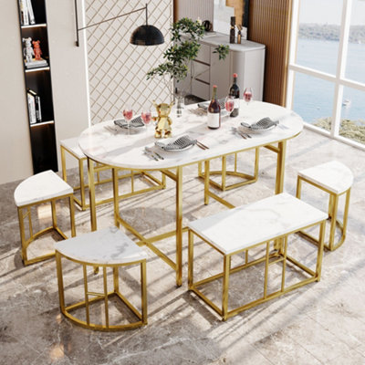 BTM Luxury Dining Set for 6 with White MDF Table and Gold Frame Chairs ...