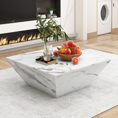 BTM Marbling Veneer Coffee Table with 2 Cabinets Storage, Square Side Table for Living Room, White, 70X70X36cm