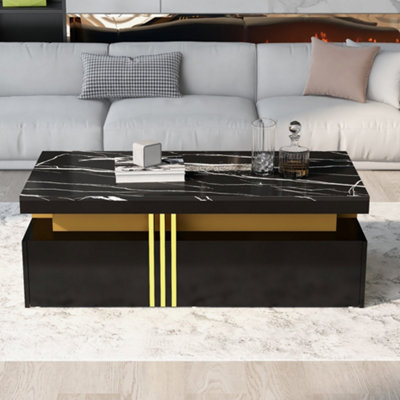 BTM Modern Black Rectangular Coffee Table with Marble Pattern Top & 2 Wooden Drawers, Living Room Table, 100x50x40cm