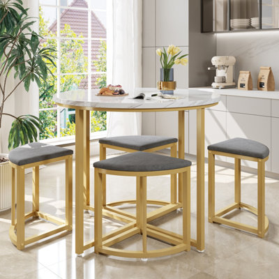 BTM Modern Metal Frame Round Marble Dining Table Set (5 pcs) with 4 ...