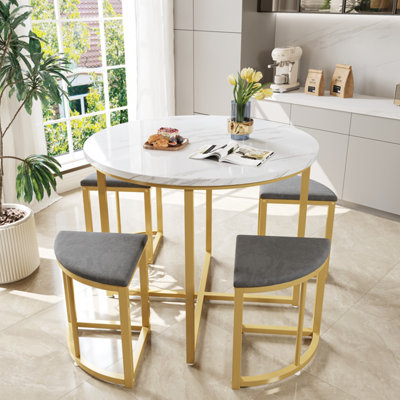 BTM Modern Metal Frame Round Marble Dining Table Set with 4 Semi ...