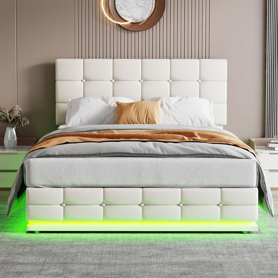 BTM Ottoman Double Bed LED PU Leather Upholstered Frame