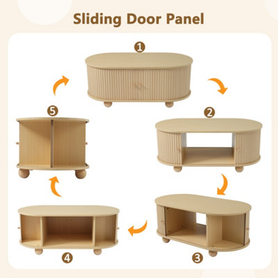 BTM Oval Coffee Table with Sliding Doors and Hidden Storage MDF Wood Finish