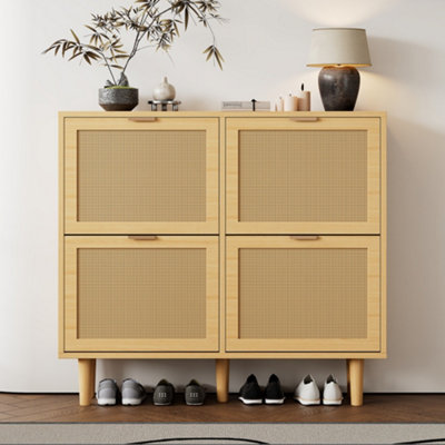 BTM Rattan Shoe Cabinet with 4 Flip Drawers, Adjustable Shelves, Light ...