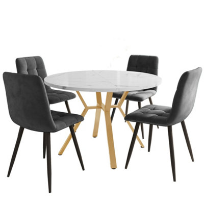 BTM Round Marble Dining Table Set with 4 Grey Velvet Chairs Gold Legs ...