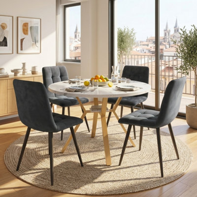BTM Round Marble Dining Table Set with 4 Grey Velvet Chairs Gold Legs ...
