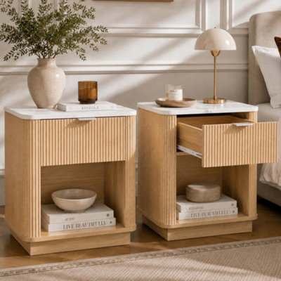 BTM Set of 2 Fluted Bedside Tables, Oak Effect with Marble Effect Tops ...