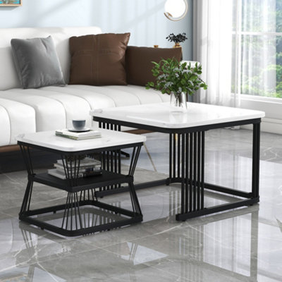 BTM Set of 2 Nesting Coffee Tables with Black Metal Frame & Marble Pattern Top, Multi-Functional End Tables for Living Room
