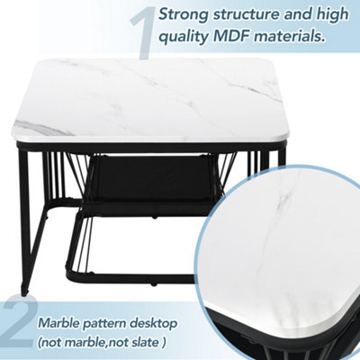 BTM Set of 2 Nesting Coffee Tables with Black Metal Frame & Marble Pattern Top, Multi-Functional End Tables for Living Room