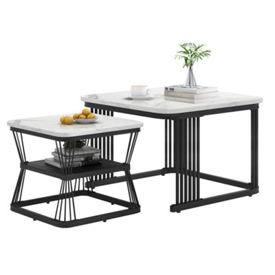 BTM Set of 2 Nesting Coffee Tables with Black Metal Frame & Marble Pattern Top, Multi-Functional End Tables for Living Room