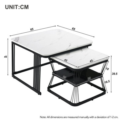 BTM Set of 2 Nesting Coffee Tables with Black Metal Frame & Marble Pattern Top, Multi-Functional End Tables for Living Room