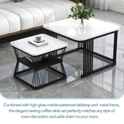 BTM Set of 2 Nesting Coffee Tables with Black Metal Frame & Marble Pattern Top, Multi-Functional End Tables for Living Room