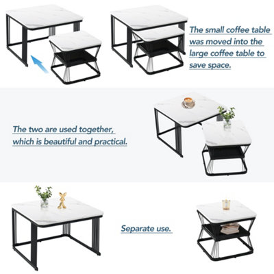BTM Set of 2 Nesting Coffee Tables with Black Metal Frame & Marble Pattern Top, Multi-Functional End Tables for Living Room