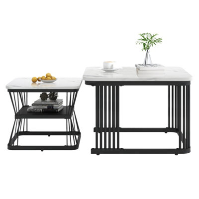 BTM Set of 2 Nesting Coffee Tables with Black Metal Frame & Marble Pattern Top, Multi-Functional End Tables for Living Room