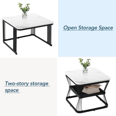 BTM Set of 2 Nesting Coffee Tables with Black Metal Frame & Marble Pattern Top, Multi-Functional End Tables for Living Room
