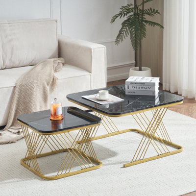 BTM Set of 2 Nesting Coffee Tables with Gold Metal Frame & Marble Pattern, Square End Tables for Living Room, Black Top