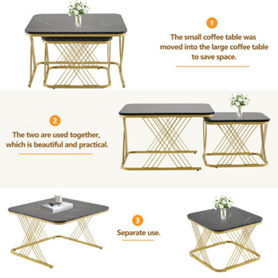 BTM Set of 2 Nesting Coffee Tables with Gold Metal Frame & Marble Pattern, Square End Tables for Living Room, Black Top