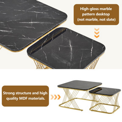 BTM Set of 2 Nesting Coffee Tables with Gold Metal Frame & Marble Pattern, Square End Tables for Living Room, Black Top