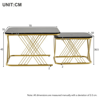 BTM Set of 2 Nesting Coffee Tables with Gold Metal Frame & Marble Pattern, Square End Tables for Living Room, Black Top