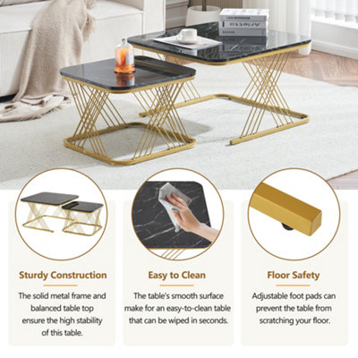 BTM Set of 2 Nesting Coffee Tables with Gold Metal Frame & Marble Pattern, Square End Tables for Living Room, Black Top