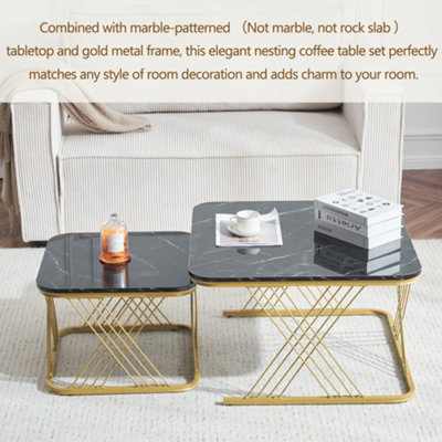 BTM Set of 2 Nesting Coffee Tables with Gold Metal Frame & Marble Pattern, Square End Tables for Living Room, Black Top