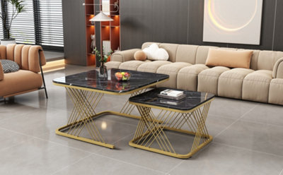 BTM Set of 2 Nesting Coffee Tables with Gold Metal Frame & Marble Pattern, Square End Tables for Living Room, Black Top