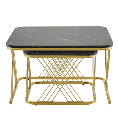 BTM Set of 2 Nesting Coffee Tables with Gold Metal Frame & Marble Pattern, Square End Tables for Living Room, Black Top