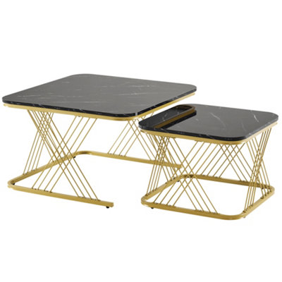 BTM Set of 2 Nesting Coffee Tables with Gold Metal Frame & Marble Pattern, Square End Tables for Living Room, Black Top