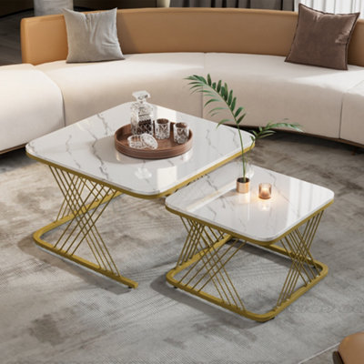 BTM Set of 2 Nesting Coffee Tables with Gold Metal Frame & Marble Pattern, Square End Tables for Living Room, White Top
