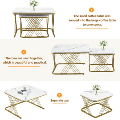 BTM Set of 2 Nesting Coffee Tables with Gold Metal Frame & Marble Pattern, Square End Tables for Living Room, White Top
