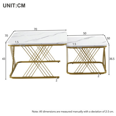 BTM Set of 2 Nesting Coffee Tables with Gold Metal Frame & Marble Pattern, Square End Tables for Living Room, White Top