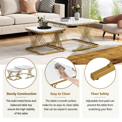 BTM Set of 2 Nesting Coffee Tables with Gold Metal Frame & Marble Pattern, Square End Tables for Living Room, White Top