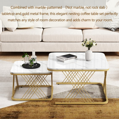 BTM Set of 2 Nesting Coffee Tables with Gold Metal Frame & Marble Pattern, Square End Tables for Living Room, White Top