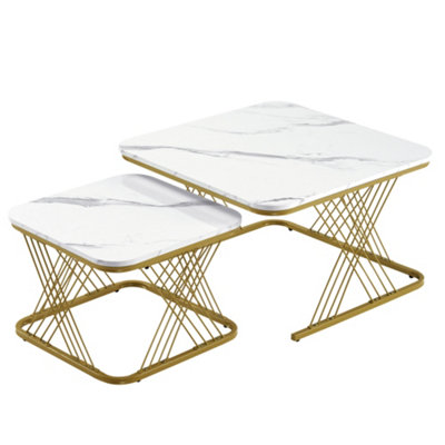 BTM Set of 2 Nesting Coffee Tables with Gold Metal Frame & Marble Pattern, Square End Tables for Living Room, White Top