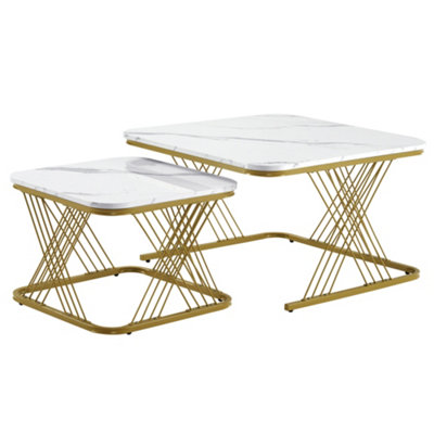BTM Set of 2 Nesting Coffee Tables with Gold Metal Frame & Marble Pattern, Square End Tables for Living Room, White Top