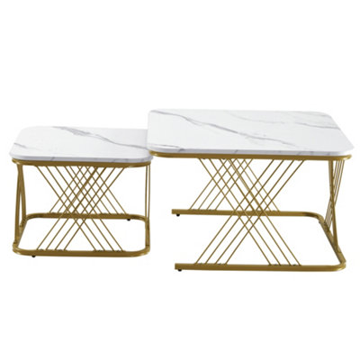 BTM Set of 2 Nesting Coffee Tables with Gold Metal Frame & Marble Pattern, Square End Tables for Living Room, White Top