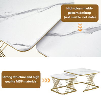 BTM Set of 2 Nesting Coffee Tables with Gold Metal Frame & Marble Pattern, Square End Tables for Living Room, White Top