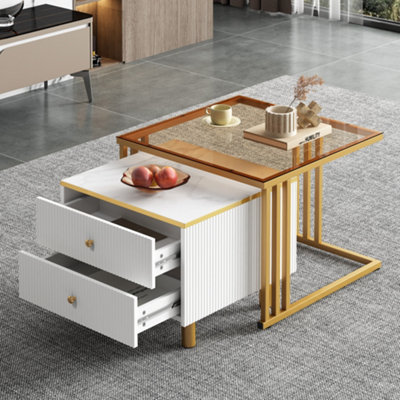 BTM Set of 2 Nesting Coffee Tables with Marble Pattern & Drawer, Gold Metal Frame Square End Table for Living/Bedroom