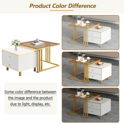 BTM Set of 2 Nesting Coffee Tables with Marble Pattern & Drawer, Gold Metal Frame Square End Table for Living/Bedroom