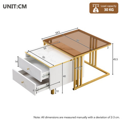 BTM Set of 2 Nesting Coffee Tables with Marble Pattern & Drawer, Gold Metal Frame Square End Table for Living/Bedroom