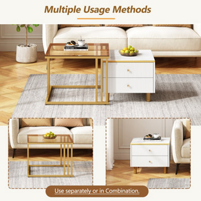 BTM Set of 2 Nesting Coffee Tables with Marble Pattern & Drawer, Gold Metal Frame Square End Table for Living/Bedroom