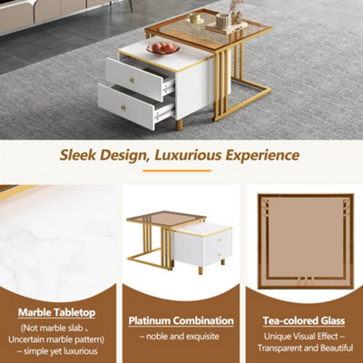 BTM Set of 2 Nesting Coffee Tables with Marble Pattern & Drawer, Gold Metal Frame Square End Table for Living/Bedroom