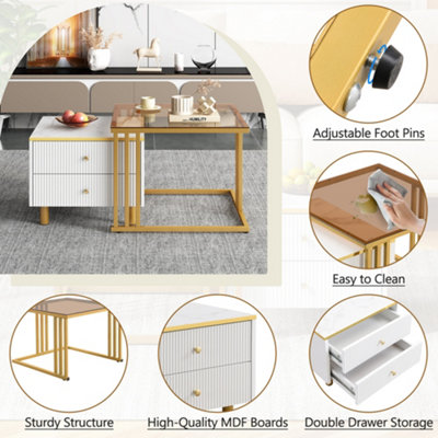 BTM Set of 2 Nesting Coffee Tables with Marble Pattern & Drawer, Gold Metal Frame Square End Table for Living/Bedroom