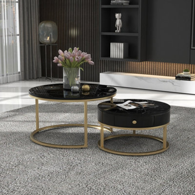 BTM Set of 2 Round Coffee Tables with Drawers, Nesting Tables with Storage, Gold Metal Frame & Marble Pattern Top, for Living Room