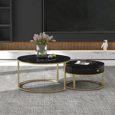 BTM Set of 2 Round Coffee Tables with Drawers, Nesting Tables with Storage, Gold Metal Frame & Marble Pattern Top, for Living Room